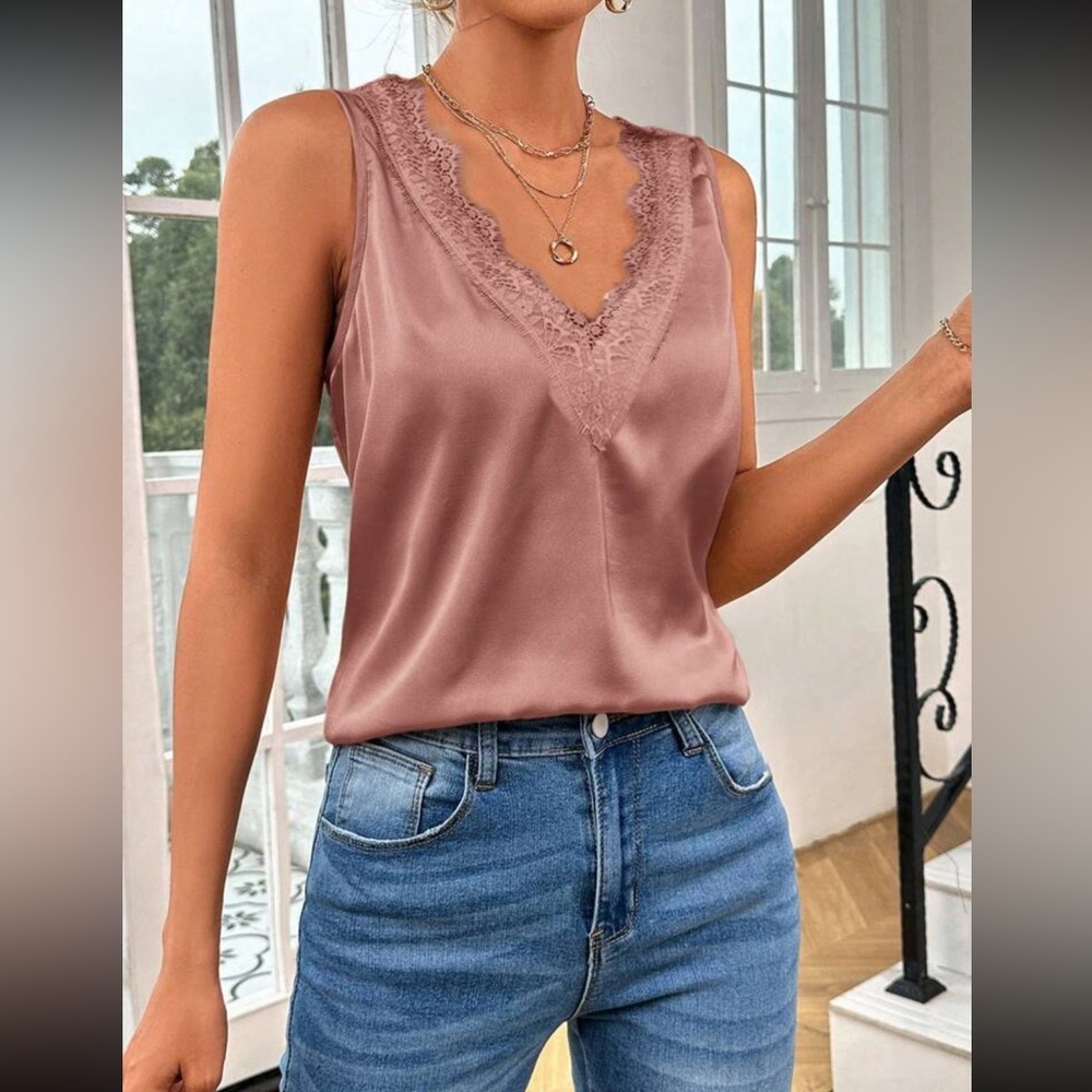 Luxe red V neck lace detail satin top - Picture 5 of 16